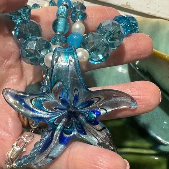 NEW Handcrafted Art Glass Murano & Crystal Beaded Pendant &Necklace 925 Sterling - Picture 3 of 6